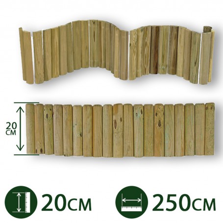 2PZ Bordure per aiuole ROLLBORDER srotolabile Ø 5 CM 250X20 H | legno di pino IMPREGNATO per fioriere giardini aiuola fiori