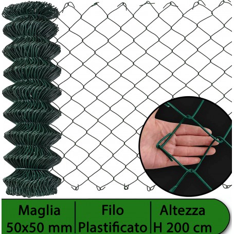 6PZ Rete per recinzione PLASTIFICATA | Altezza H 200 cm | Maglia sciolta 50x50 mm | Filo Ø 2,3 mm | Lughezza Rotolo da 25 mt per