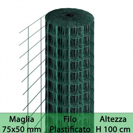 Rete per recinzione PLASTIFICATA | Altezza H 100 cm | Maglia elettrosaldata 75x50 mm | Filo Ø 2,3 mm | Lughezza Rotolo da 25 mt 
