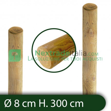 10PZ Pali in legno Ø CM 8 altezza CM 300 H tondi SENZA PUNTA trattati impregnati per recinzione staccionata/steccato Palo Tondo