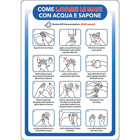 CARTELLO 'COME LAVARSI LE MANI CON ACQUA E SAPONE' cm 20 x 30 - alluminio