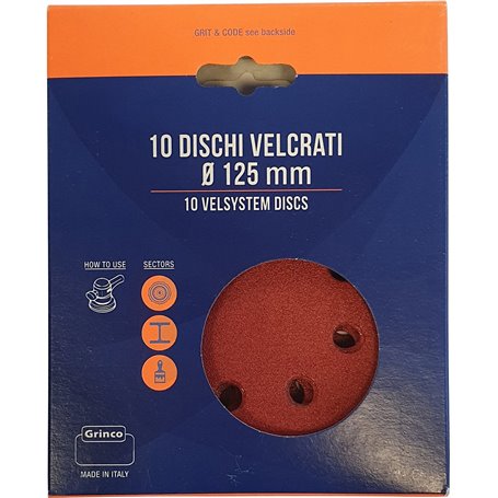 1PZ DISCHI ABRASIVI VELCRATI 8 FORI MM.125 GR.40 CONFEZIONE PEZZI.10