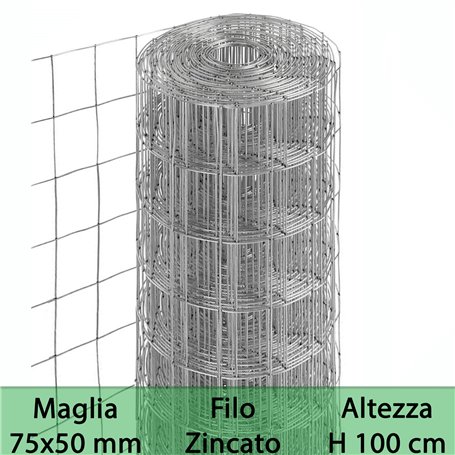 1PZ RETE PER RECINZIONE ZINCATA | ALTEZZA H 100 CM | MAGLIA ELETTROSALDATA 75X50 MM | FILO Ø 1,7 MM | LUGHEZZA ROTOLO DA 25 MT P