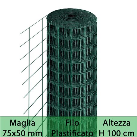 1PZ RETE PER RECINZIONE PLASTIFICATA | ALTEZZA H 100 CM | MAGLIA ELETTROSALDATA 75X50 MM | FILO Ø 2,3 MM | LUGHEZZA ROTOLO DA 25