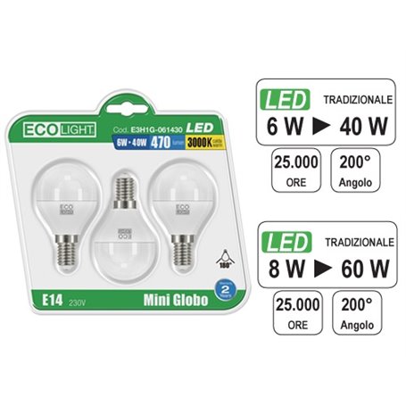 1PZ LAMPADINE ECOLIGHT LED E14 MINIGLOBO 6W FREDDA CF3PZ