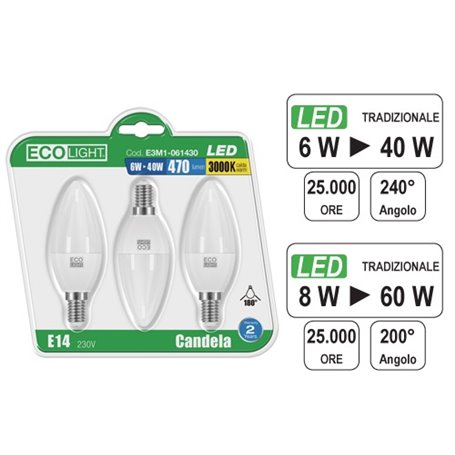 1PZ LAMPADINE ECOLIGHT LED E14 OLIVA 8W CALDA CF3PZ