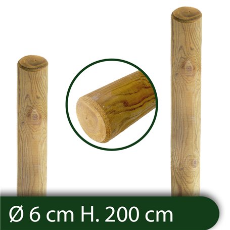 1PZ Pali in legno Ø CM 6 altezza CM 200 H tondi SENZA PUNTA trattati impregnati per recinzione per staccionata/steccato Palo Ton