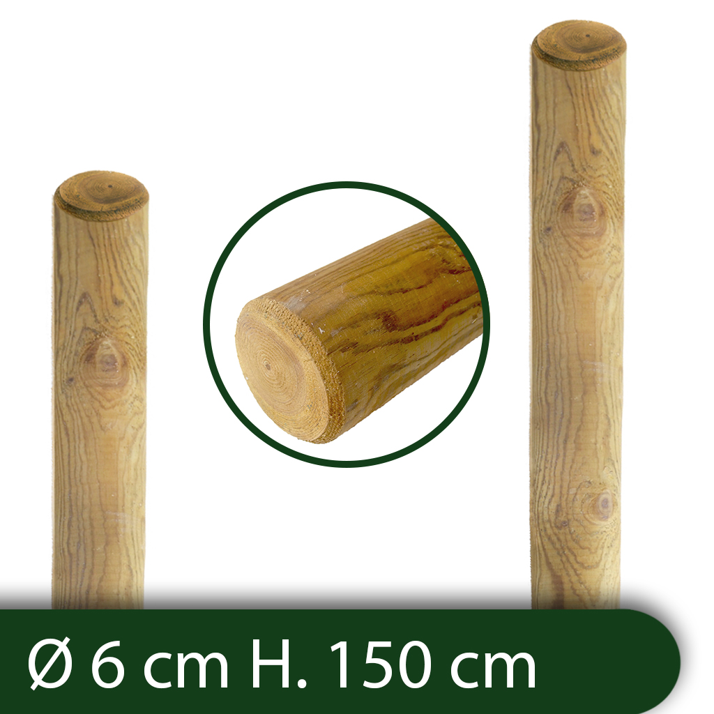 Pali in legno Ø CM 6 altezza CM 150 H tondi SENZA PUNTA trattati impregnati per recinzione per staccionata/steccato Palo Tondo — Pali e paletti — rif. FERX.RETI.21.4.STOCK.S