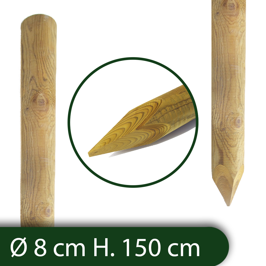 Pali in legno Ø CM 8 altezza CM 150 H tondi CON PUNTA trattati impregnati per recinzione per staccionata/steccato Palo Tondo — Pali e paletti — rif. FERX.RETI.6.1.STOCK.S Pali in legno Ø CM 8 altezza CM 150 H tondi CON PUNTA trattati impregnati per recinzione per staccionata/steccato Palo Tondo — Pali e paletti — rif. FERX.RETI.6.1.STOCK.S