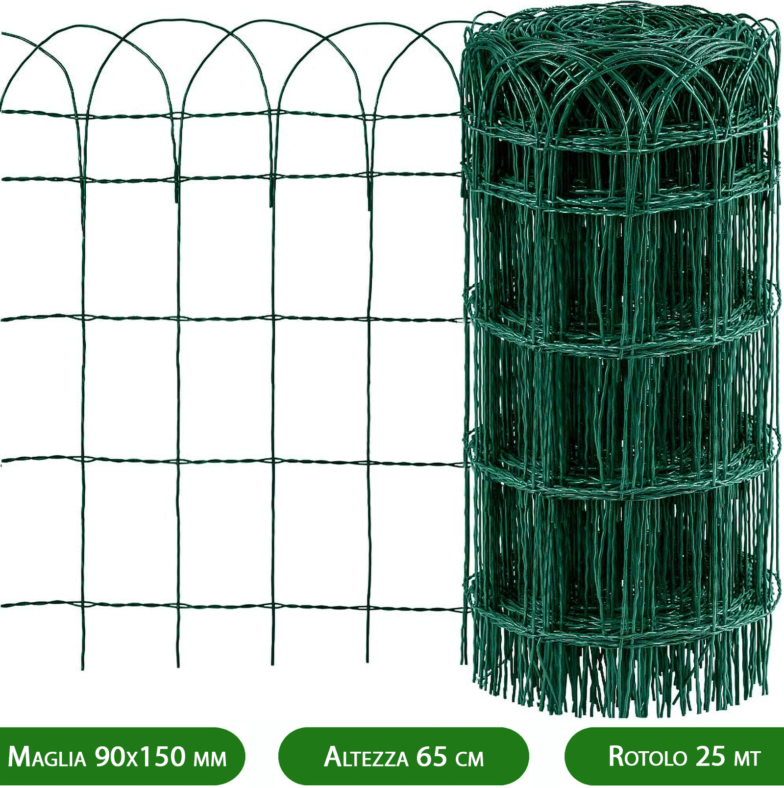 Rete per Recinzione Ornamentale Plastificata | Altezza H 65 CM | Maglia Intrecciata 90X150 MM | Filo Ø 2,8 MM | Lughezza Rotolo da 25 MT Verde — rif. FERX.MI.158.STOCK.S