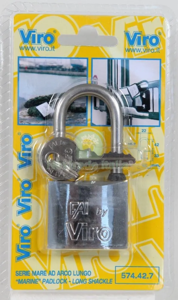 VIRO BLISTER ART. 574.42 LUCCHETTO MARE ARCOLUNGO LARGHEZZA MM.40 L — Lucchetti e catene — rif. FERX.10732 VIRO BLISTER ART. 574.42 LUCCHETTO MARE ARCOLUNGO LARGHEZZA MM.40 L — Lucchetti e catene — rif. FERX.10732
