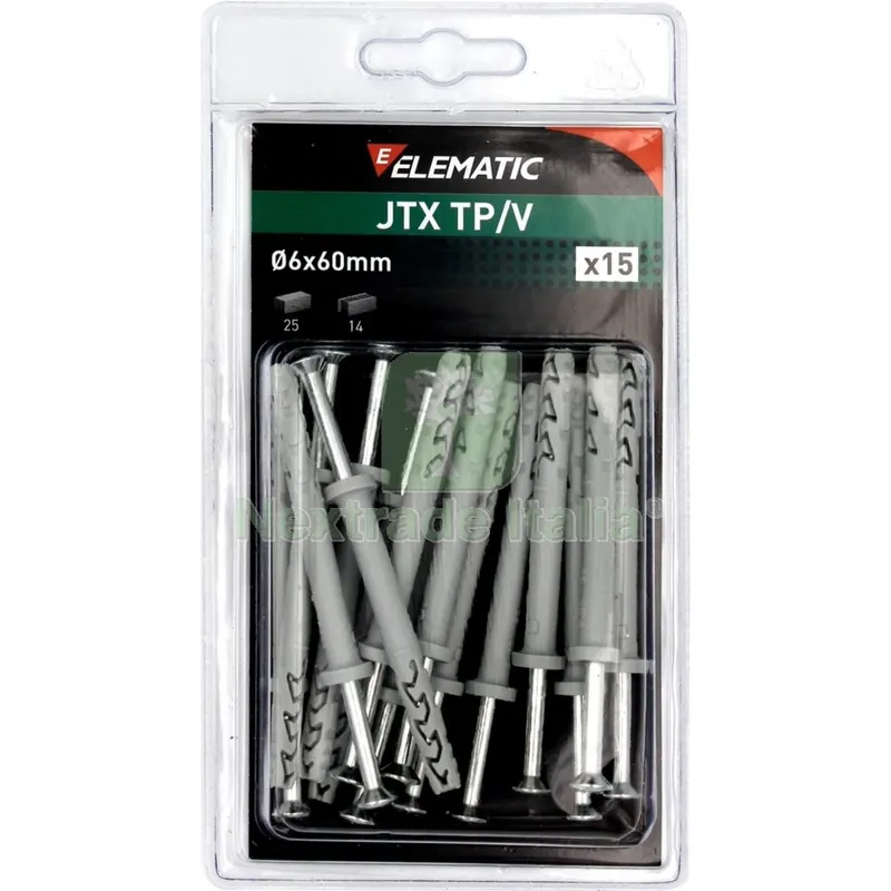 8CF Elematic Blister Tasselli JTX Testa Piana Vite TP/V CM 6X60 (PZ.15) — Tasselli e ancoraggi — rif. FERX.1107 8CF Elematic Blister Tasselli JTX Testa Piana Vite TP/V CM 6X60 (PZ.15) — Tasselli e ancoraggi — rif. FERX.1107