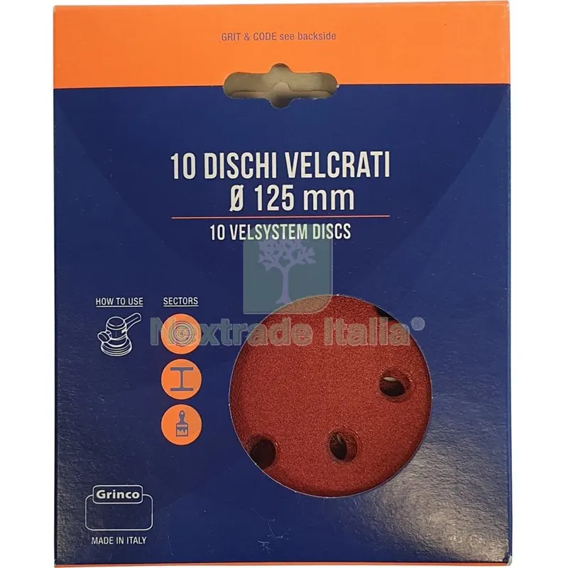 DISCHI ABRASIVI VELCRATI 8 FORI MM.125 GR.120 CONFEZIONE PEZZI.10 — Abrasivi e mole — rif. FERX.1686 DISCHI ABRASIVI VELCRATI 8 FORI MM.125 GR.120 CONFEZIONE PEZZI.10 — Abrasivi e mole — rif. FERX.1686