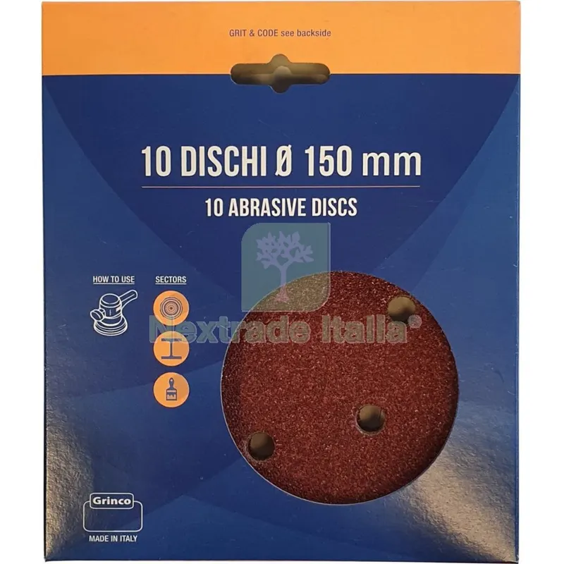 DISCHI ABRASIVI VELCRATI 6 FORI MM.150 GR.120 CONFEZIONE PEZZI.10 — Abrasivi e mole — rif. FERX.1697 DISCHI ABRASIVI VELCRATI 6 FORI MM.150 GR.120 CONFEZIONE PEZZI.10 — Abrasivi e mole — rif. FERX.1697