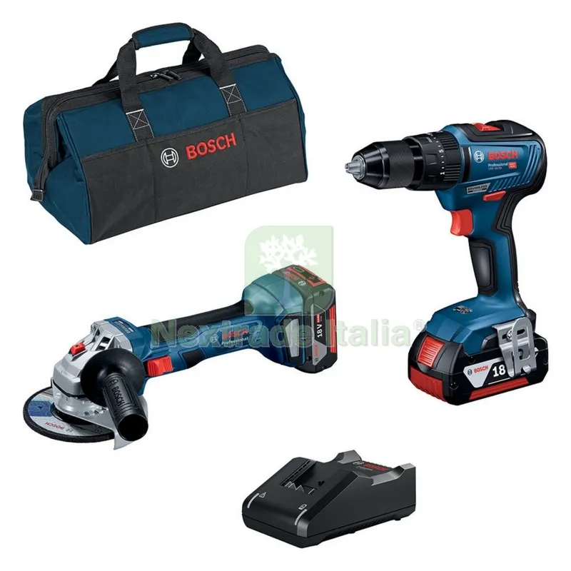 BOSCH-B SUPERKIT 18V TRAPANO+SMERIGLIATRICE+2BATTERIE 4,0Ah+CARICATORE. — Smerigliatrici e seghe — rif. FERX.1893