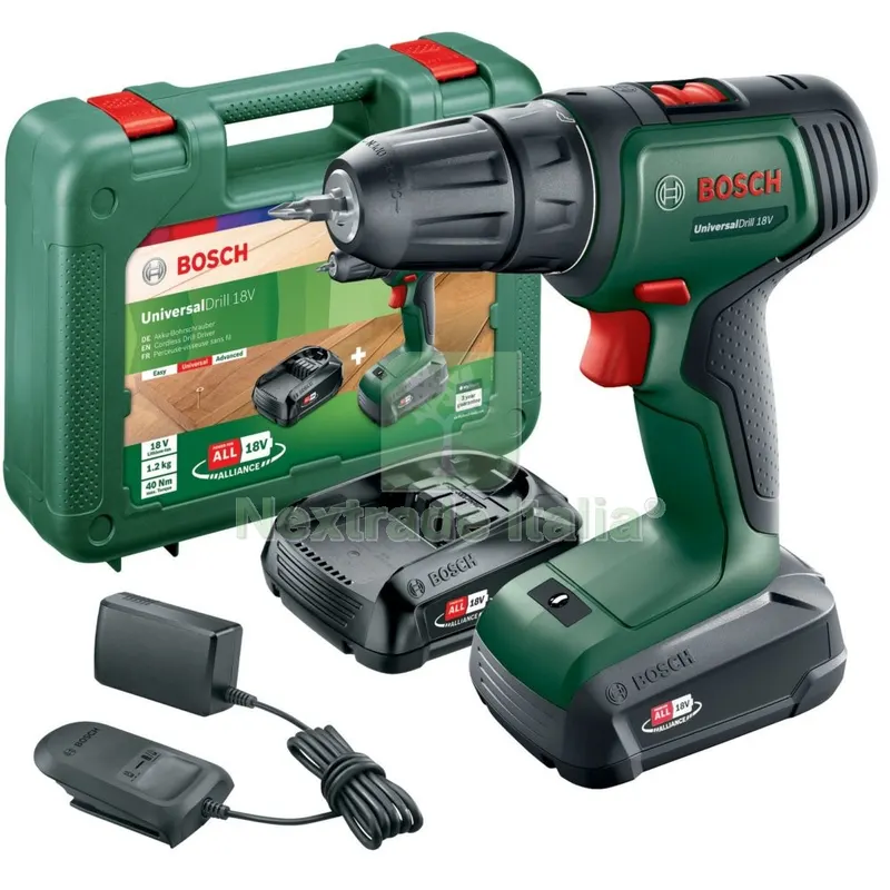 Bosch-V 18V Trapano + 2 Batterie 1,5Ah Universal Drill K — Trapani e avvitatori — rif. FERX.2004 Bosch-V 18V Trapano + 2 Batterie 1,5Ah Universal Drill K — Trapani e avvitatori — rif. FERX.2004