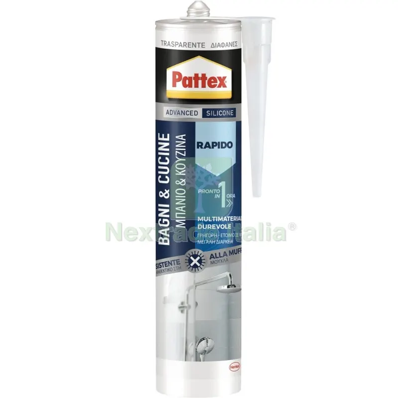 12PZ PATTEX SILICONE BAGNICUCINE RAPIDO TRASPARENTE CARTONE 300 ML. — Adesivi e sigillanti — rif. FERX.3454