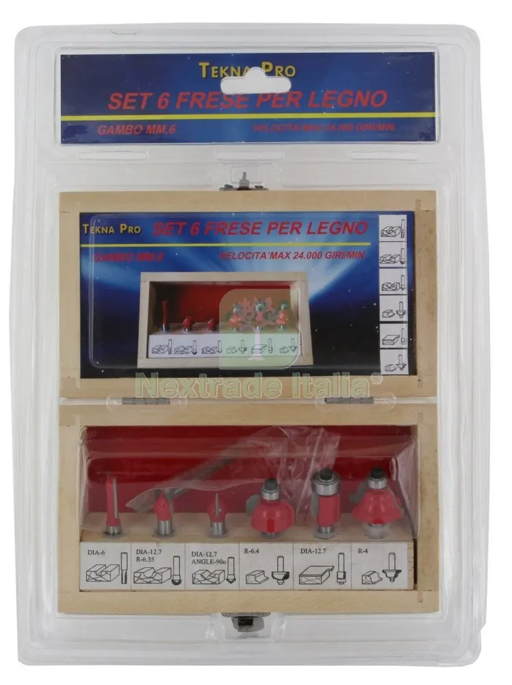 SET 6 PZ. FRESE PER LEGNO GAMBO MM.6 — Punte, frese e dischi — rif. FERX.413