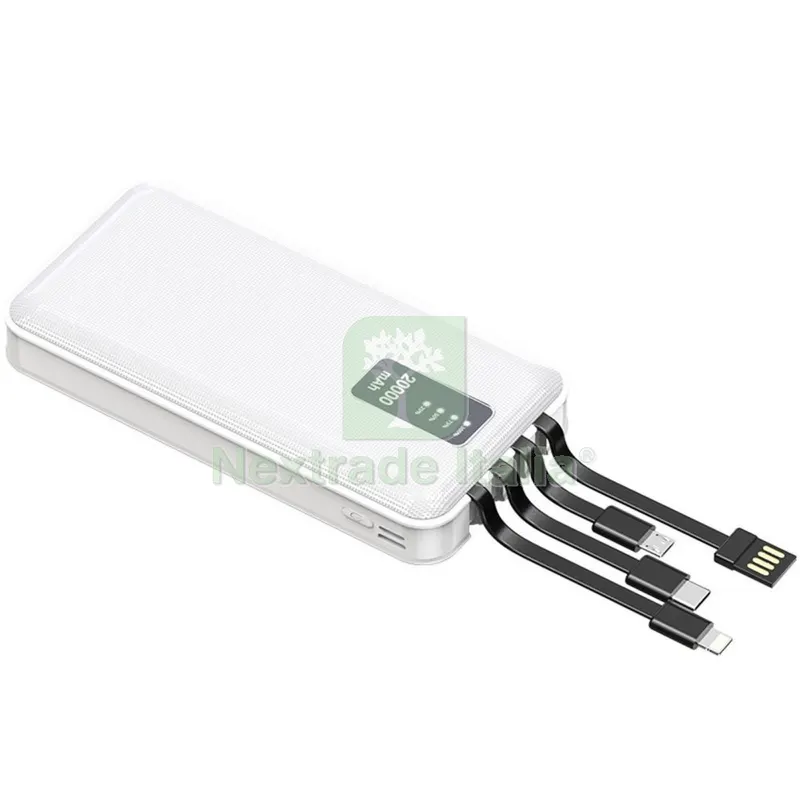Power Bank 20000 MAH con Cavi Micro USB Lightning e Type-C Bianco — Caricabatterie e alimentatori — rif. FERX.500723 Power Bank 20000 MAH con Cavi Micro USB Lightning e Type-C Bianco — Caricabatterie e alimentatori — rif. FERX.500723