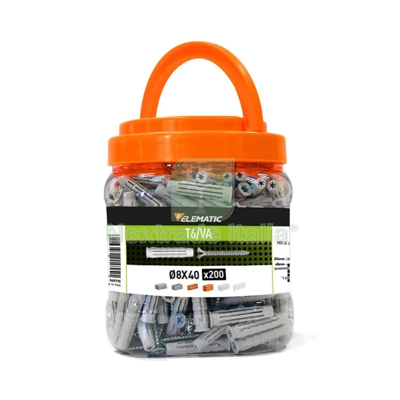 Elematic Barattolo 200 Tasselli T6 DIAM.8 con Vite — Tasselli e ancoraggi — rif. FERX.503707 Elematic Barattolo 200 Tasselli T6 DIAM.8 con Vite — Tasselli e ancoraggi — rif. FERX.503707