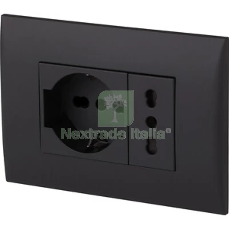 PLACCA C/SUPP PRESA BIPAS+PRESA BIPAS SCHUKO NERO — Interruttori e prese — rif. FERX.511643 PLACCA C/SUPP PRESA BIPAS+PRESA BIPAS SCHUKO NERO — Interruttori e prese — rif. FERX.511643