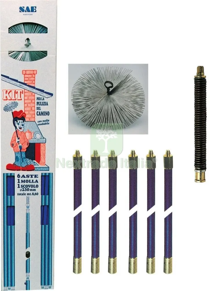 KIT SPAZZACAMINO MT. 8,60+MOLLA+SCOVOLO DIAMETRO 250 — Stufe e camini — rif. FERX.5254 KIT SPAZZACAMINO MT. 8,60+MOLLA+SCOVOLO DIAMETRO 250 — Stufe e camini — rif. FERX.5254