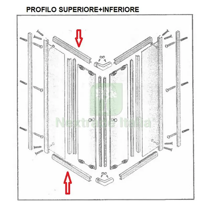 Profilo SUPERIORE+INFERIORE per Box Doccia Cristallo Trasparente Serigrafato MM.6 CM.80X80 Lusso — Accessori bagno — rif. FERX.603303 Profilo SUPERIORE+INFERIORE per Box Doccia Cristallo Trasparente Serigrafato MM.6 CM.80X80 Lusso — Accessori bagno — rif. FERX.603303