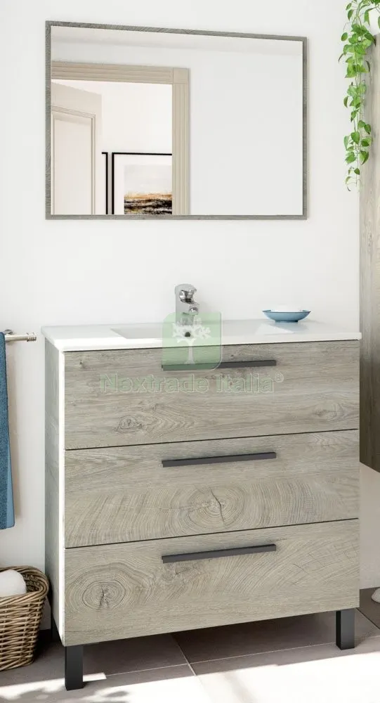 KIT MOBILE BAGNO 3 CASSETTI CM.80 + SPECCHIO ROVERE ALASKA — Accessori bagno — rif. FERX.8366 KIT MOBILE BAGNO 3 CASSETTI CM.80 + SPECCHIO ROVERE ALASKA — Accessori bagno — rif. FERX.8366