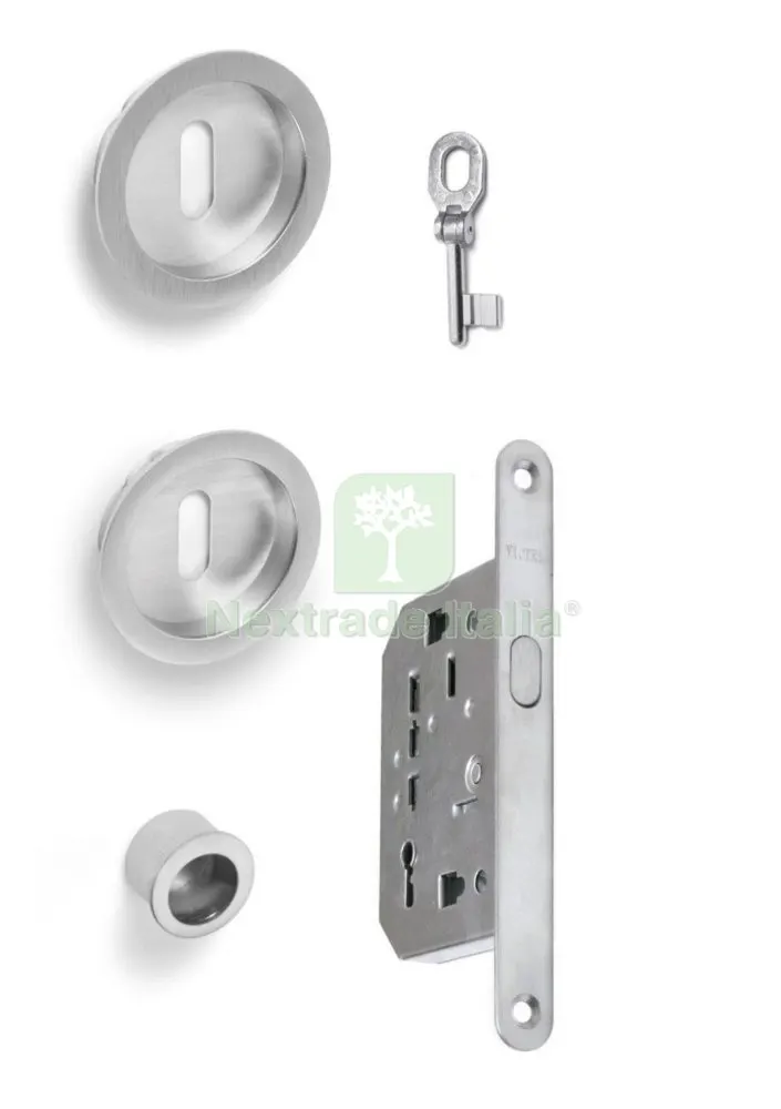Kit x Porte Scorrevole con Coppia Nicchie Tonda con Chiave Snodata, Finitura Cromo Satinato — Ferramenta porte e finestre — rif. FERX.8553 Kit x Porte Scorrevole con Coppia Nicchie Tonda con Chiave Snodata, Finitura Cromo Satinato — Ferramenta porte e finestre — rif. FERX.8553
