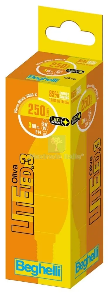 10PZ Beghelli LED 56943 Oliva E14W3 Calda 3000K — Illuminazione — rif. FERX.93812 10PZ Beghelli LED 56943 Oliva E14W3 Calda 3000K — Illuminazione — rif. FERX.93812