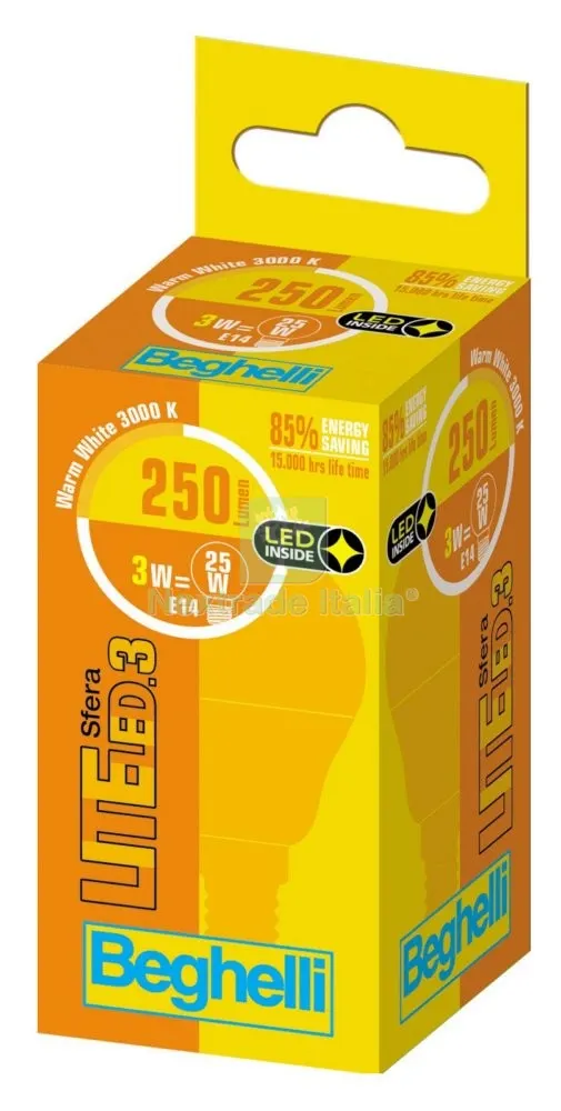 10PZ Beghelli LED 56944 Sfera Attacco E14 W3 Calda 3000K — Illuminazione — rif. FERX.93814