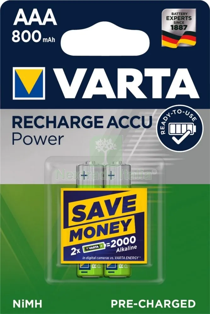 10BLISTER VARTA BATTERIE RICARICABILI M Ah 800 MINI STILO AAA 2PZ — Caricabatterie e alimentatori — rif. FERX.96433