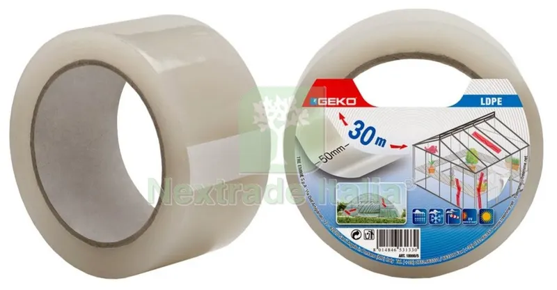 NASTRO RIPARA SERRE GEKO MM 50X30 MT TRASPARENTE PER RIPARARE TELI E SERRE — Misurazione e taglio manuale — rif. FERX.96982 NASTRO RIPARA SERRE GEKO MM 50X30 MT TRASPARENTE PER RIPARARE TELI E SERRE — Misurazione e taglio manuale — rif. FERX.96982