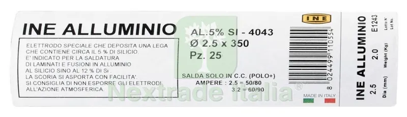 INE Elettrodi per Saldatura Alluminio 5% MM 2,5X350 PZ 222 KG 2,0 — Saldatrici e accessori — rif. FERX.98184 INE Elettrodi per Saldatura Alluminio 5% MM 2,5X350 PZ 222 KG 2,0 — Saldatrici e accessori — rif. FERX.98184