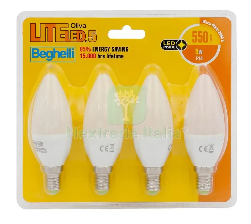 5CF Beghelli LED a Oliva 58001 E14 W5 Kit 4PZ Durata 15000 ORE Luce Calda — Illuminazione — rif. FERX.98257