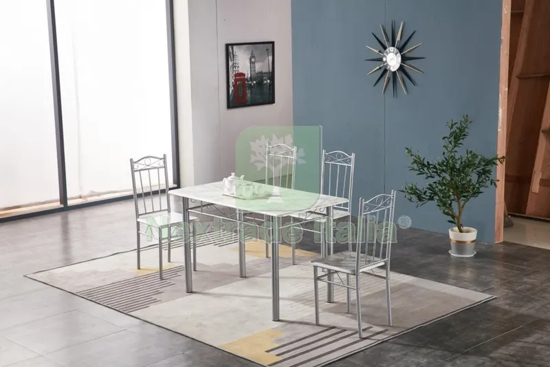 Set Tavolo con 4 SEDIE(120X70) Effetto Marmo Chiaro — Casalinghi e organizzazione — rif. FERX.99126 Set Tavolo con 4 SEDIE(120X70) Effetto Marmo Chiaro — Casalinghi e organizzazione — rif. FERX.99126