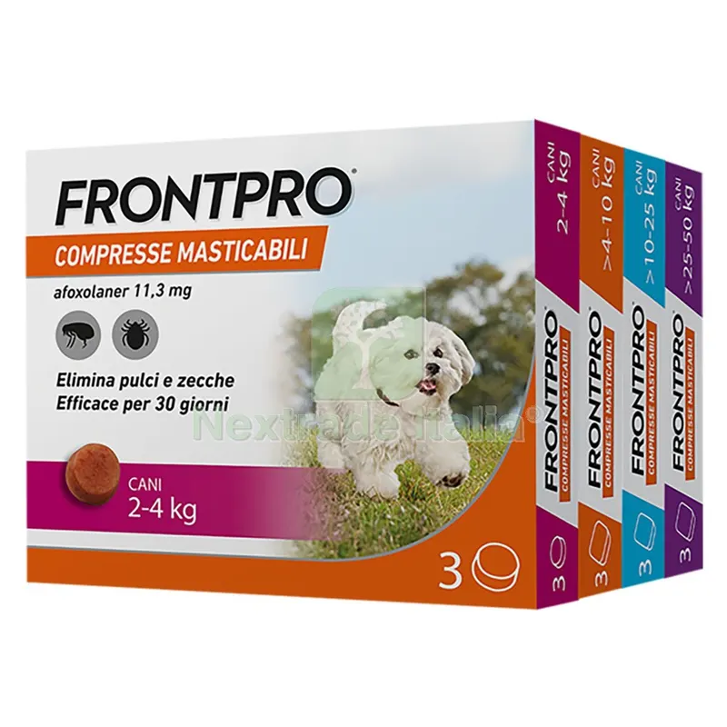 COMPRESSE ANTIPARASSITARIE MASTICABILI 'FRONTPRO' cani 10 fino a 25 kg / 3 compresse da 68 mg — Cani — rif. FERX.6800854NLM COMPRESSE ANTIPARASSITARIE MASTICABILI 'FRONTPRO' cani 10 fino a 25 kg / 3 compresse da 68 mg — Cani — rif. FERX.6800854NLM