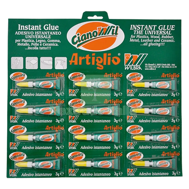 ADESIVO CIANOCRILATO 'ARTIGLIO CIANOWIL' gr.3 - 12 tubetti display appendib. — Adesivi e sigillanti — rif. FERX.9001438NLM ADESIVO CIANOCRILATO 'ARTIGLIO CIANOWIL' gr.3 - 12 tubetti display appendib. — Adesivi e sigillanti — rif. FERX.9001438NLM