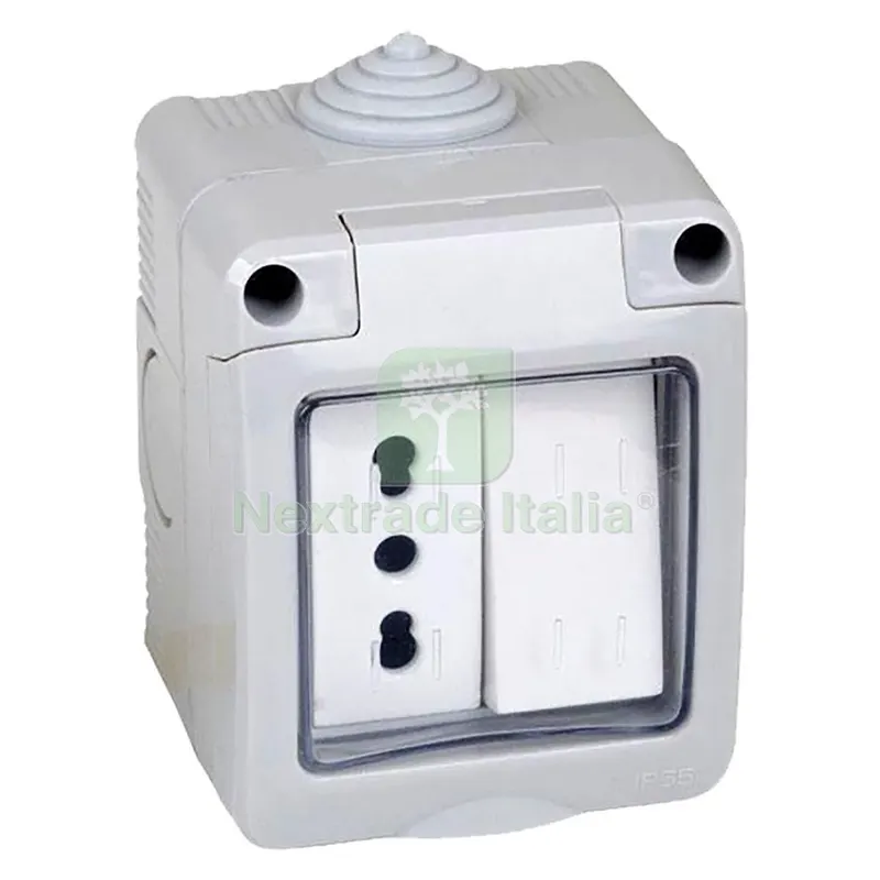 CONTENITORE ESTERNO INTERRUTTORE + PRESA 1 deviatore + presa bivalente 10/16A — Interruttori e prese — rif. FERX.8069183NLM CONTENITORE ESTERNO INTERRUTTORE + PRESA 1 deviatore + presa bivalente 10/16A — Interruttori e prese — rif. FERX.8069183NLM