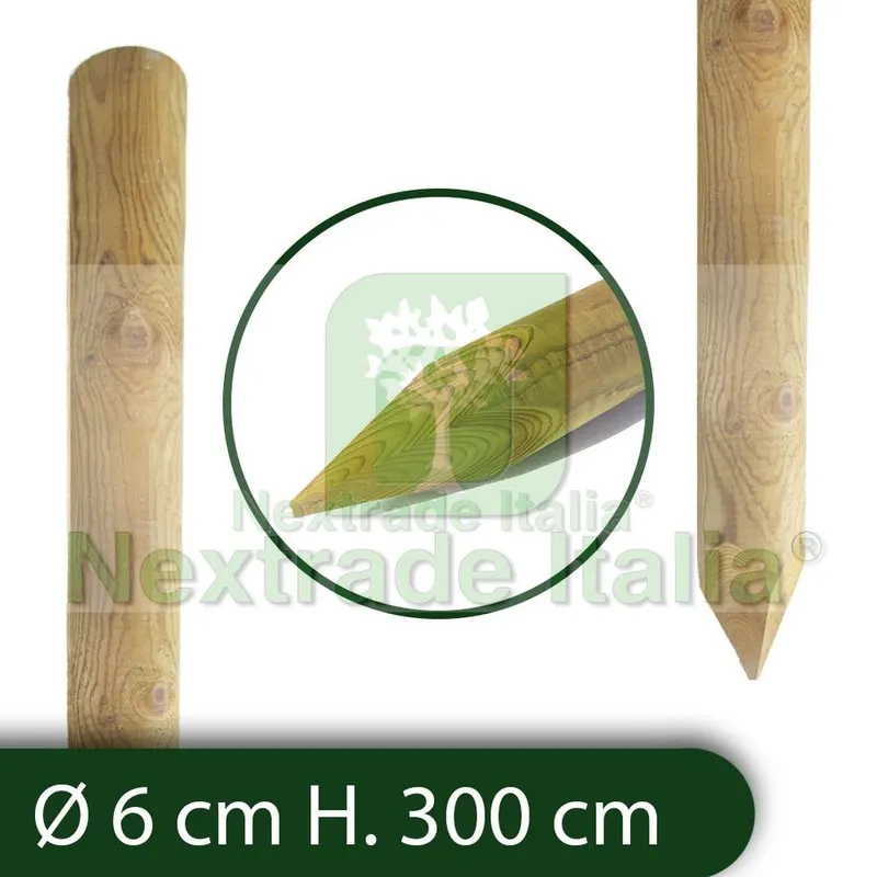 10PZ Pali in legno Ø CM 6 altezza CM 300 H tondi CON PUNTA trattati impregnati per recinzione per staccionata/steccato Palo Tondo — Pali e paletti — rif. FERX.RETI.5.1.STOCK