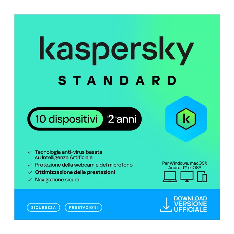 KASPERSKY STANDARD 2025 PC / MAC / ANDROID/ IOS- 10 DISPOSITIVI-2 ANNI — Software e licenze — rif. Kasst.10.2y KASPERSKY STANDARD 2025 PC / MAC / ANDROID/ IOS- 10 DISPOSITIVI-2 ANNI — Software e licenze — rif. Kasst.10.2y