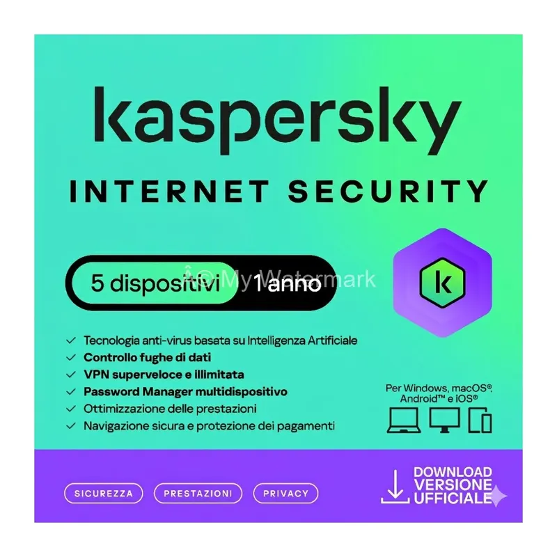 KASPERSKY INTERNET SECURITY 2024 - PC / MAC / ANDROID/ IOS -1 ANNO - 5 DISPOSITIVI — Software e licenze — rif. kasis5.2 KASPERSKY INTERNET SECURITY 2024 - PC / MAC / ANDROID/ IOS -1 ANNO - 5 DISPOSITIVI — Software e licenze — rif. kasis5.2