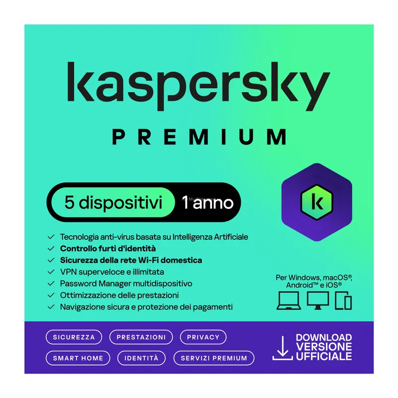 KASPERSKY PREMIUM PC MAC ANDROID/ IOS 1 ANNO 5 DISPOSITIVI — Software e licenze — rif. 3V-OA5G-Q7TX KASPERSKY PREMIUM PC MAC ANDROID/ IOS 1 ANNO 5 DISPOSITIVI — Software e licenze — rif. 3V-OA5G-Q7TX