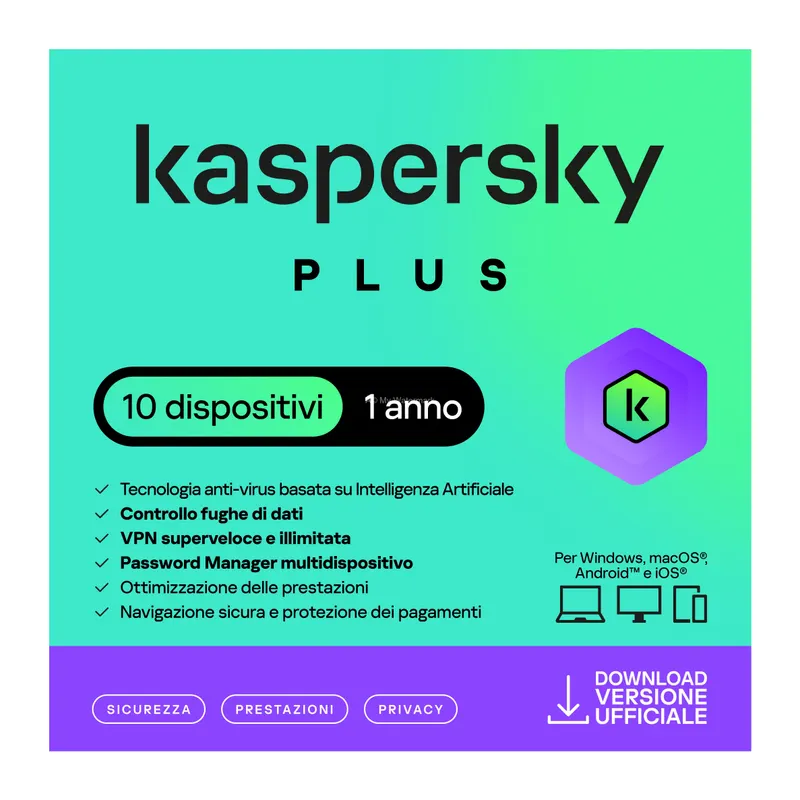 KASPERSKY PLUS 2026 PC / MAC / ANDROID/ IOS -1 ANNO- 10 DISPOSITIVI — Software e licenze — rif. kaspl10.1.26 KASPERSKY PLUS 2026 PC / MAC / ANDROID/ IOS -1 ANNO- 10 DISPOSITIVI — Software e licenze — rif. kaspl10.1.26