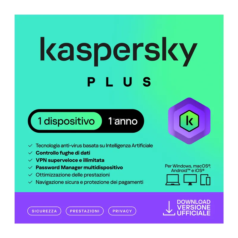 KASPERSKY PLUS 2025 PC / MAC / ANDROID/ IOS -1 ANNO- 1 DISPOSITIVO — Software e licenze — rif. kaspl3.2.25 KASPERSKY PLUS 2025 PC / MAC / ANDROID/ IOS -1 ANNO- 1 DISPOSITIVO — Software e licenze — rif. kaspl3.2.25