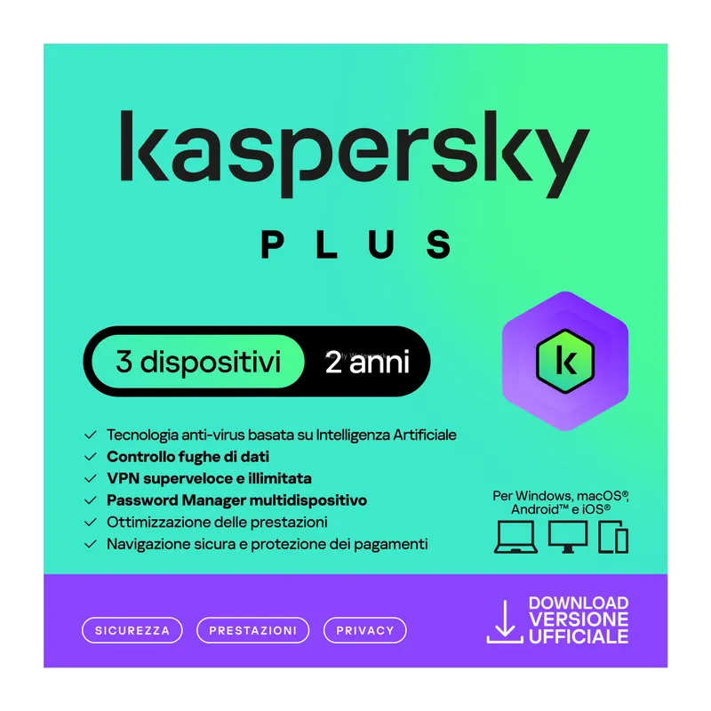 KASPERSKY PLUS 2025 PC / MAC / ANDROID/ IOS -2 ANNI- 3 DISPOSITIVI — Software e licenze — rif. kaspl3.1.25.2y KASPERSKY PLUS 2025 PC / MAC / ANDROID/ IOS -2 ANNI- 3 DISPOSITIVI — Software e licenze — rif. kaspl3.1.25.2y
