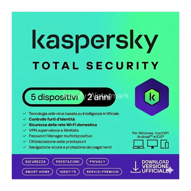 KASPERSKY TOTAL SECURITY 2023 PC / MAC / ANDROID/ IOS -2 ANNI- 5 DISPOSITIVI — Software e licenze — rif. kastot5.1.23.2y KASPERSKY TOTAL SECURITY 2023 PC / MAC / ANDROID/ IOS -2 ANNI- 5 DISPOSITIVI — Software e licenze — rif. kastot5.1.23.2y