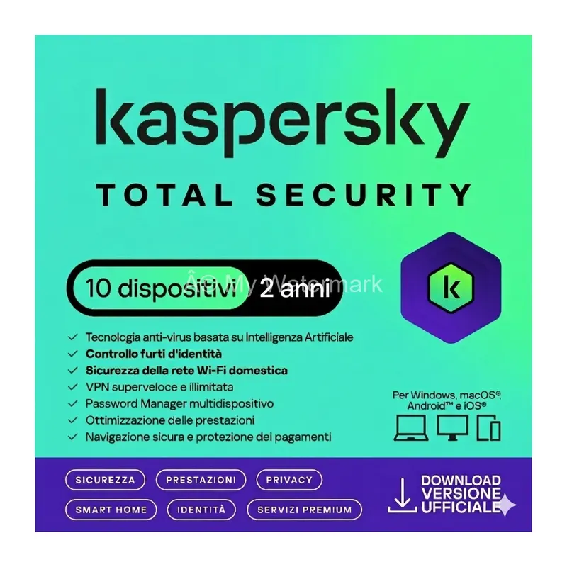 KASPERSKY TOTAL SECURITY 2024 PC / MAC / ANDROID/ IOS -2 ANNI - 10 DISPOSITIVI — Software e licenze — rif. kastot10.2.2y KASPERSKY TOTAL SECURITY 2024 PC / MAC / ANDROID/ IOS -2 ANNI - 10 DISPOSITIVI — Software e licenze — rif. kastot10.2.2y