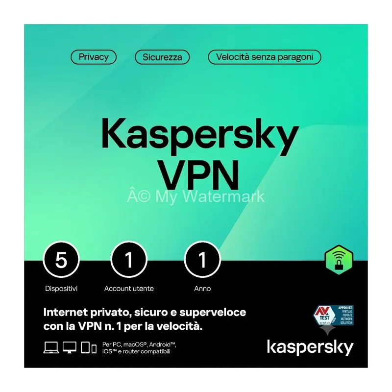 KASPERSKY VPN SECURE CONNECTION 5 DISPOSITIVI 1 ANNO EU VERSION — Software e licenze — rif. kasvpn.5.a.eu KASPERSKY VPN SECURE CONNECTION 5 DISPOSITIVI 1 ANNO EU VERSION — Software e licenze — rif. kasvpn.5.a.eu