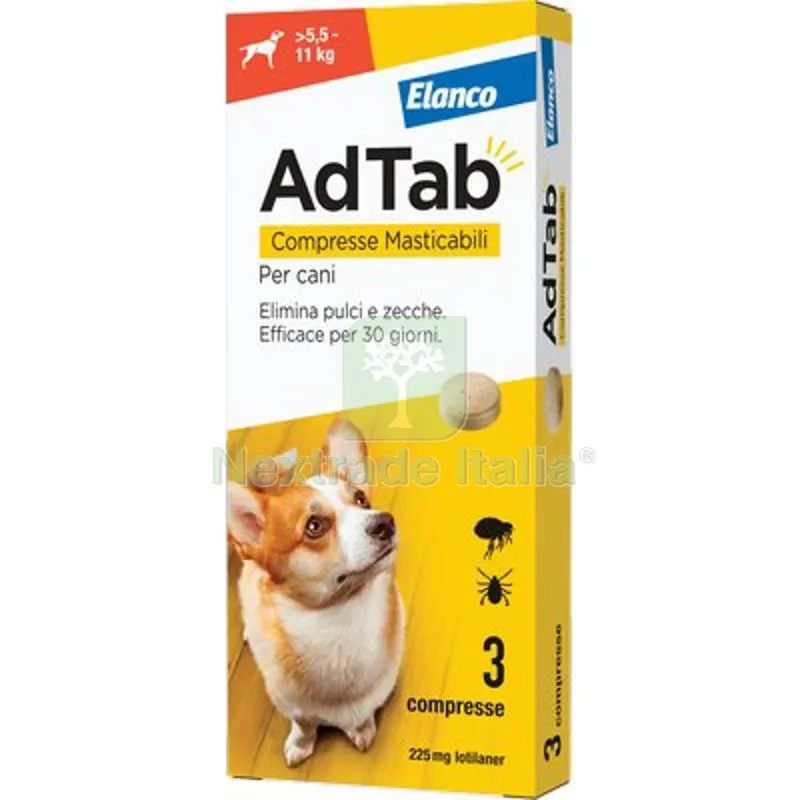Antiparassitario Adtab Cani Elanco KG 5,5/11 CF=PZ 3 KG 5;5>11 — Protezione piante e sementi — rif. FERX.VIR1191405 Antiparassitario Adtab Cani Elanco KG 5,5/11 CF=PZ 3 KG 5;5>11 — Protezione piante e sementi — rif. FERX.VIR1191405